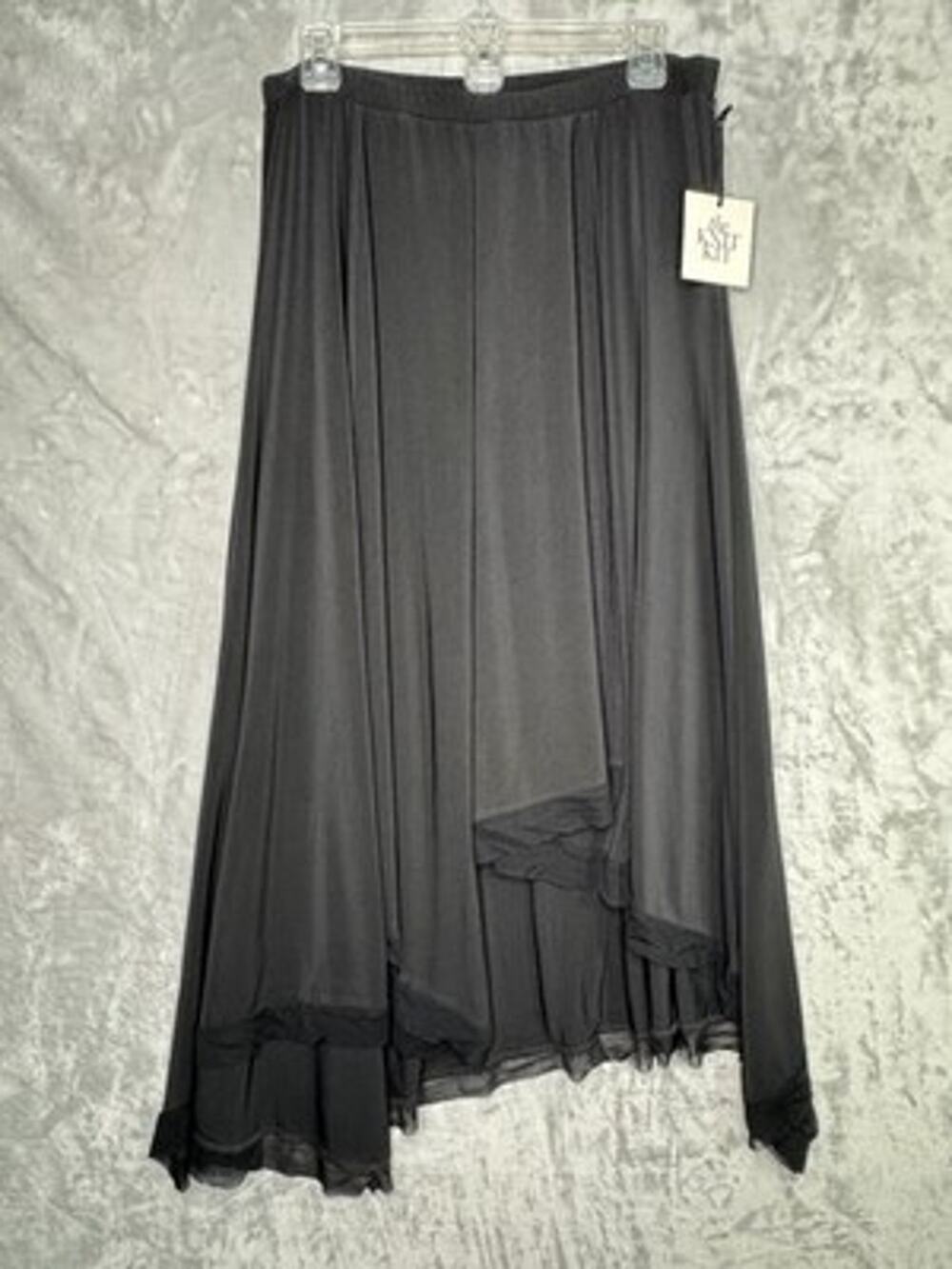 Chico's Knit Kit Skirt Womens M Black Solid Mesh Hem Asymmetrical Maxi Layered